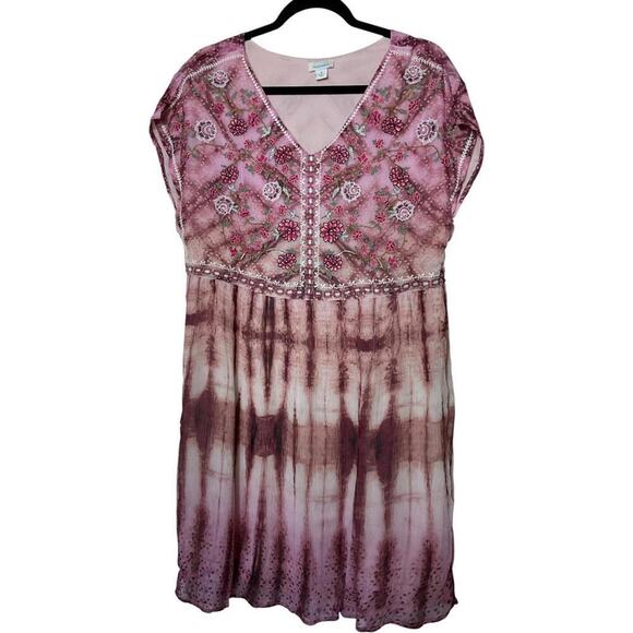 240 Sundance Gemi Embroidered Floral Pink Tie-Dye Boho Midi Dress (Medium, EUC) - Picture 2 of 5